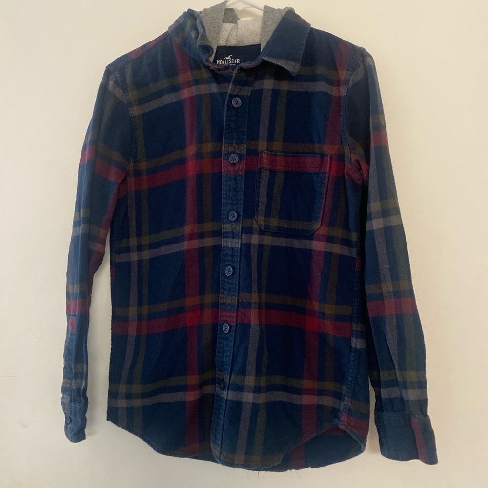 Hollister Mens Medium Flannel Button Up Shirt Jacket Hoodie Plaid
